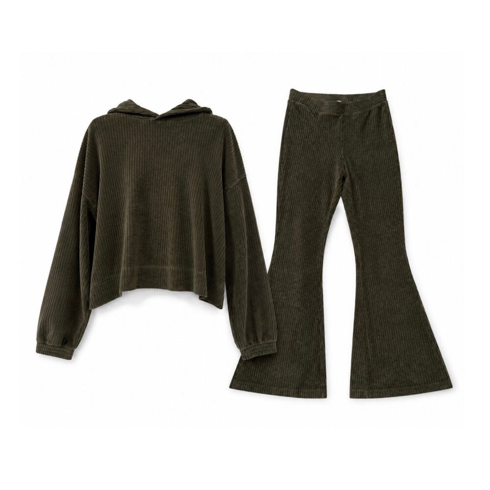 Aerie Olive Green Velour Ribbed 2 Piece Lounge Set Hoodie Flare Pants Small